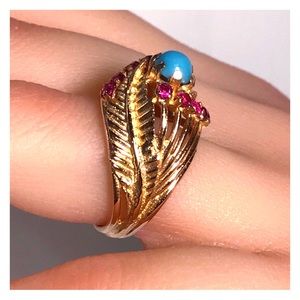18KT SOLID GOLD ANTIQUE TURQUOISE & RUBY RING - 7.65 GRAMS!!